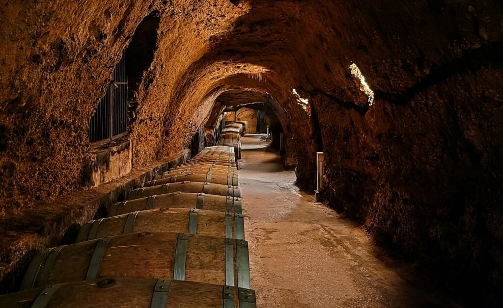 Explore a rustic wine cellar with rows of wooden barrels in a dimly lit underground cave.
